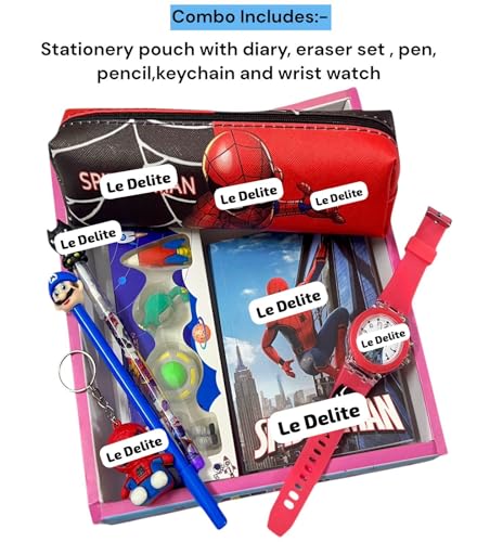 Image of 7 in 1 Superhero rakhi Gift Combo Set For boys Kids cute stylish Gift box Stationery Set Age 6-8 Years 10-12 Year I Diary, pen, pencil, case, keychain, Eraser & watch