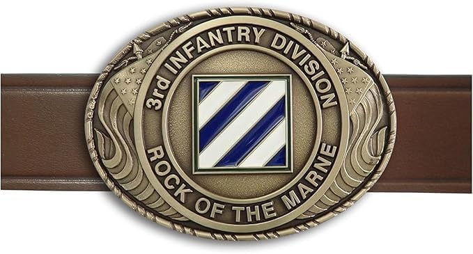 Indiana Metal Craft US Army 3rd Infantry Division Double USA Flag Solid Brass Buckle with Belt, MADE IN USA (Buckle with Belt)