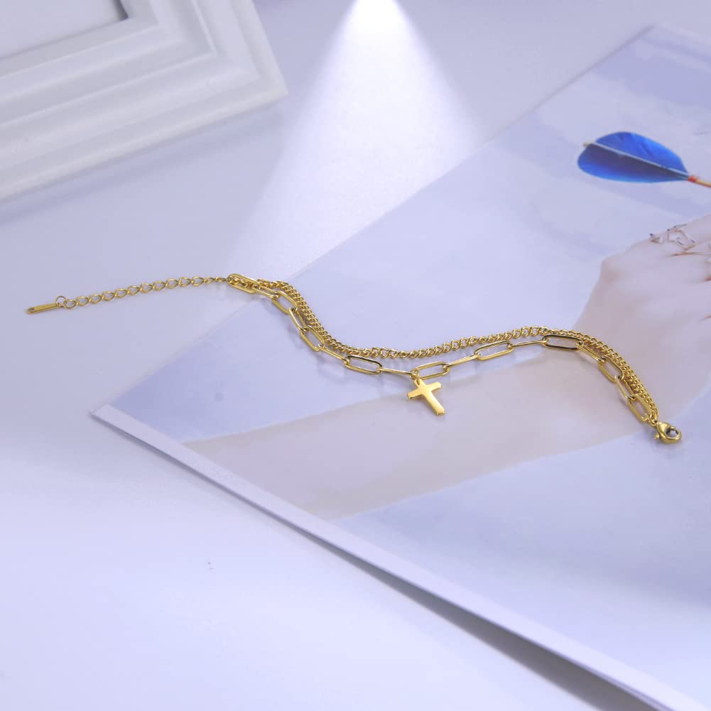 Bracciali, Bracciale con Pendente a Croce alla Moda a Doppio Strato - Cristiano Religioso Regolabile(Silver)