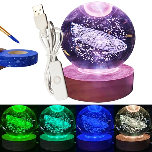 Image of 3D Solar System Crystal Ball 3.15 inch / Wooden USB Switch Base with LED Gradient Lighting /Solar System Model Decor /Birthday, Christmas Gifts for Teens