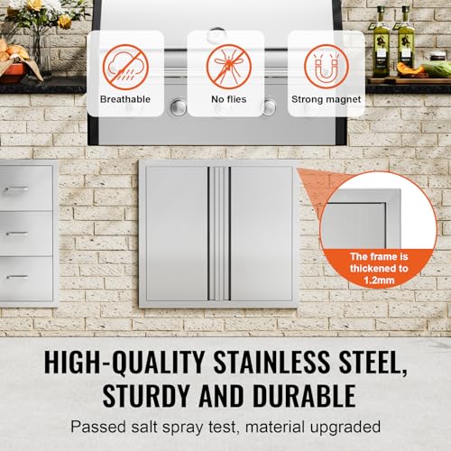 VEVOR Grill-Zugangstür, 660 x 610 mm, Doppelte Außenküchentür, Flächenbündig Montierte Edelstahltür, Vertikale Wandtür mit Versenkbaren Griffen, für Grillinsel, Grillstation, Außenschrank