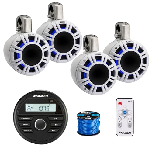 Kicker 46KMC2 Marine Gauge Style USB Bluetooth AM/FM Stereo Media Center Receiver, 4X 8 500 Watt Peak Power Multicolor LED Horn-Loaded (HLCD) Tower Speakers (White) with LED Remote, 50 Feet Wire