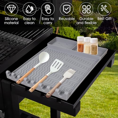 Full-Size Silicone Griddle Mat for Flat Top Grills, Heat Resistant Spatula Holder with Grease Drip Pan, Outdoor Cooking Counter Protector, Gray — view 2