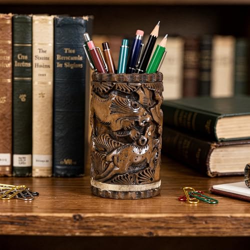 Image of Craft Trade 12x7 Cm Round Hand Carved Wooden Pencil Holder Animal Print - Dark Brown