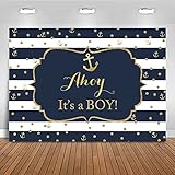 Mocsicka Ahoy It's a Boy Backdrop Nautical Baby Shower Background Gold and Navy Blue Anchor Baby...