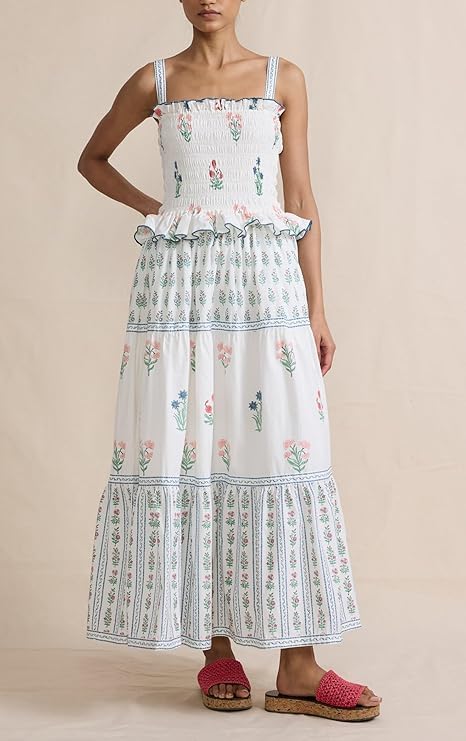 Women Floral Maxi Dress Sleeveless Smocked Ruffle Flowy Boho Sundress with Pockets Summer Vacation - Image 3