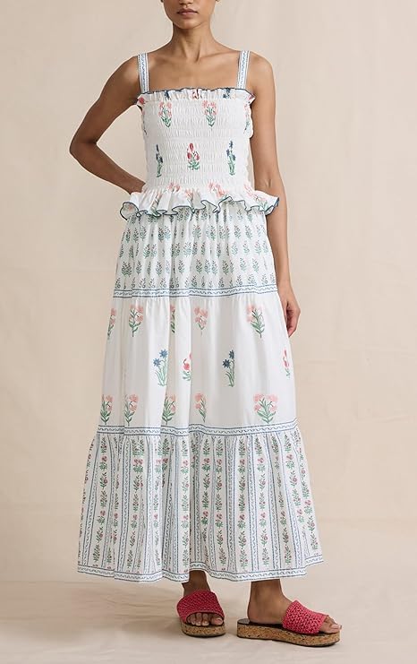 Women Floral Maxi Dress Sleeveless Smocked Ruffle Flowy Boho Sundress with Pockets Summer Vacation3