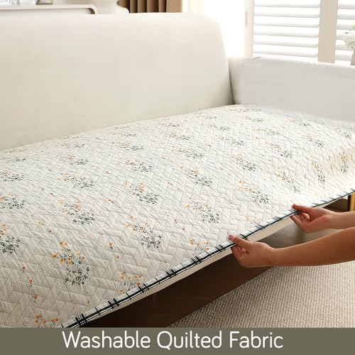 Image of HOKIPO 'HomeHues Series' Printed Quilted Sofa Seat Mat for 1 Seater Sofa with 2 Armrest Covers with Pockets, Light Green Ash Gypsy Flower (IN-806-D5 + IN-814-D5*2)
