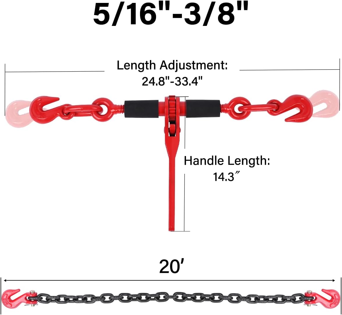 Chain and Binders Kit 5/16" - 3/8", 2 Pack G80 Ratchet Load Binder 5/16" to 3/8", G80 Transport Chain × 20 Feet with G80 Hook, 5,400 lbs WLL Ratchet Binder and Chain for Towing, Hauling