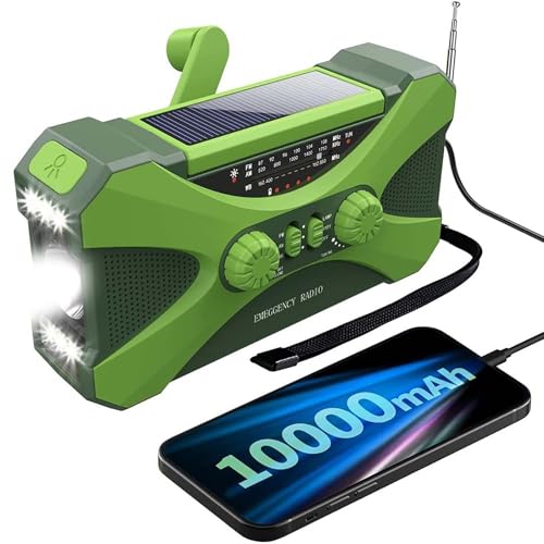 PZCC Radio Manivela Solar Emergencia, Emergencia Portátil, Manivela Solar Am/FM, Batería Power Bank 10000mAh, Radio de Supervivencia con Manivela, Linterna, Alarma SOS (Verde)