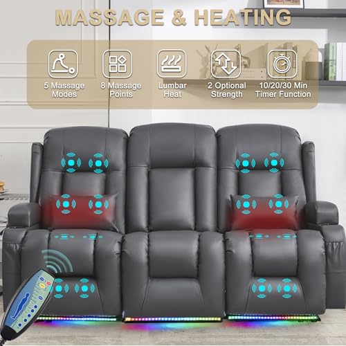 Image of URRED Power Loveseat Recliner Sofa with Massage and Heat, Wall Hugger Reclining Loveseat with Console, RV Couch Home Theater Seating with LED Lights for Living Room (Ash Gray, 76.8 inch - 3 Seats)