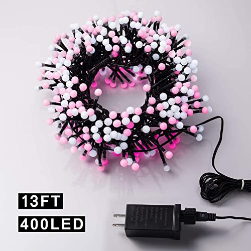 Quntis Cluster Christmas String Lights Pink &White, 400 LED 8 Twinkle Modes 13FT Globe Fairy Lights for Xmas Tree Bedroom Indoor Outdoor Valentine Wedding Holiday (Plug in, Connectable, Waterproof) - Thumbnail 7
