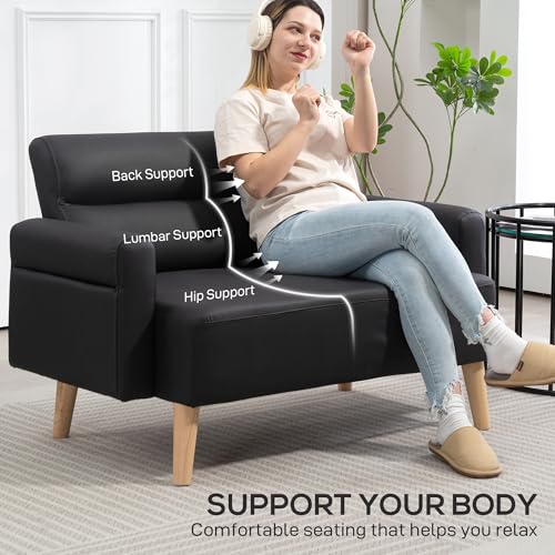 HOMCOM 2 Seater Sofa, Modern Faux Leather Couch Settee, Upholstered Small Sofa Loveseat with Wood Legs, Side Pocket for Living Room, Bedroom, Office, Black - Image 4