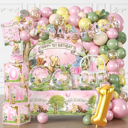 Fexivo 273 PCS Bear 1st Birthday Decorations All-in-One Baby Girl 1st Birthday Decorations Set with Plates Napkins Serves 25 2 Tablecloths Balloon Arch Backdrop & Banner Pink