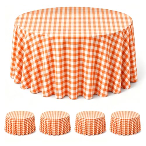 Image of WNINK 4 Pack Orange Gingham Round Tablecloth, 84 Inch Disposable Plastic Table Covers, Orange Checkered Round Table Cover for Birthday Parties, Holiday, Picnic, BBQ, Family Gathering Party Supplies