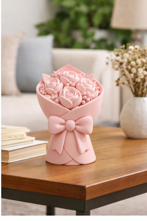 Cute Rose Bouquet Showpiece with Bow | Pink Flower Decor for Table, Bedroom & Living Room | Aesthetic Floral Gift Item (12 cm)-image-38
