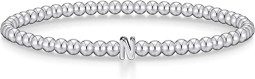 Wowshow Mothers Day Gifts Silver Bracelets for Women, Stretch Initial Silver Bea