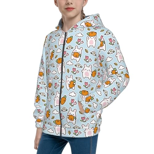 Cute Rabbit Hold Carrot Kid Hoodies Boys Zip Up Sweatshirts Girls Pullover with Pocket