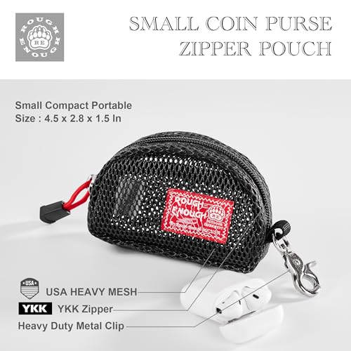 Rough Enough Small Coin Purse Pouch Change Card Holder with Zipper Clip on Buckle for Men Women Black Mesh2