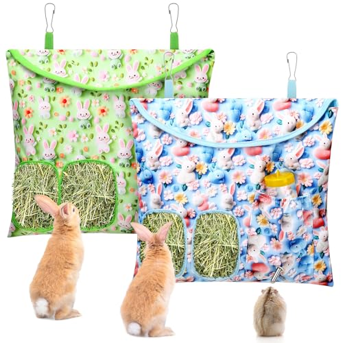 UPINS Pacote com 2 sacos de feno para coelhos, alimentador de feno com 2 furos, sacos de feno de por