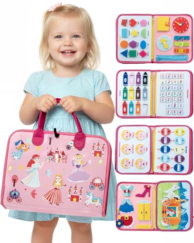 Image of Pink Montessori Busy Board for Toddlers,8-Page Sensory Activity Book for Fine Motor Skills & Basic Dress Learning, Portable Travel Toy for Preschool Kids, Portable Travel Gift for Preschool Girls