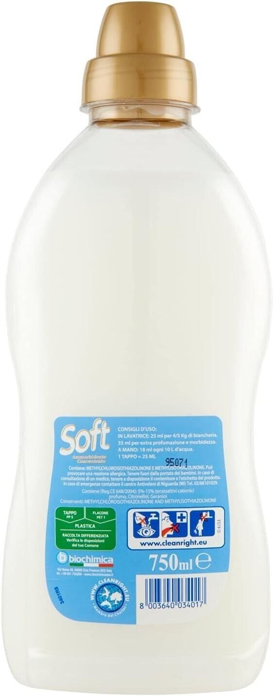 12 suavizantes concentrados Soft Ammorbidente Concentrato Azul Clásico, 30 lavados, 750 ml + llavero Beni Culinari gratuito