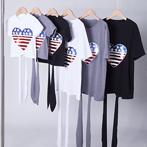 Image of ANATA Mommy and Me Matching Outfits American Flag Sequin Heart T Shirts Bow Tie Knot Short Sleeve Tee Top