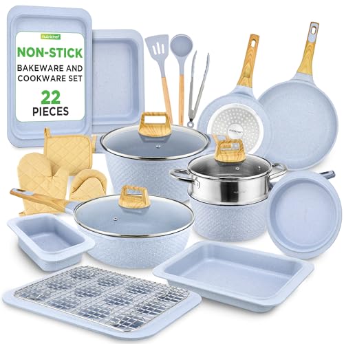 Image of NutriChef 22-Piece Nonstick Ceramic Cookware Set - Pots and Pans Set with Bakeware, Utensils & Oven Mitts, Induction Compatible, PTFE & PFAS Free, Tempered Glass Lids, Cool-Touch Handles