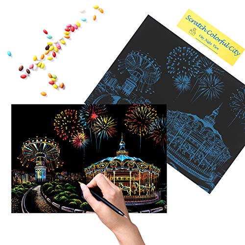 BOTEEN Scratch Painting Rainbow Paper by BOTEEN, Sketch DIY Art Craft Night View Creative Gift,Scratchboard for Adults and Kids ,Craft Kits with 4 Tools,Size:16''x11''