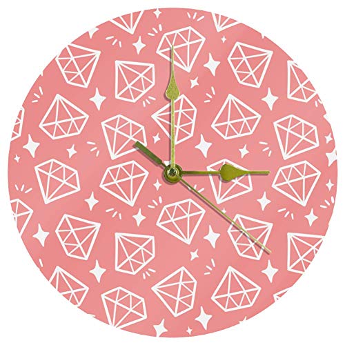 EZIOLY Reloj de pared acrílico con diamante blanco sobre fondo rosa de 10 pulgadas, silencioso, sin tictac, funciona con pilas, redondo, sin escala, decorativo para el hogar, la oficina y la escuela
