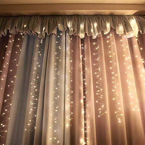 BLOOMWIN USB Curtain Lights 300 LEDs Copper Wire Window String Lights 9.8ft 8 Modes with Remote Control for Christmas Party Bedroom Indoor Outdoor Decor, Warm White