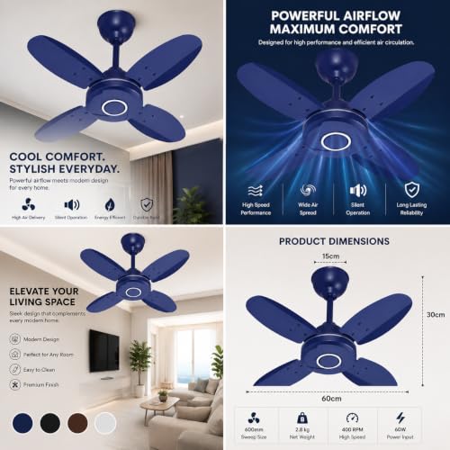 Image of haneul!!Ceiling Fan,4 Blade, High Speed, Small Size,Smoke Blue Made in India