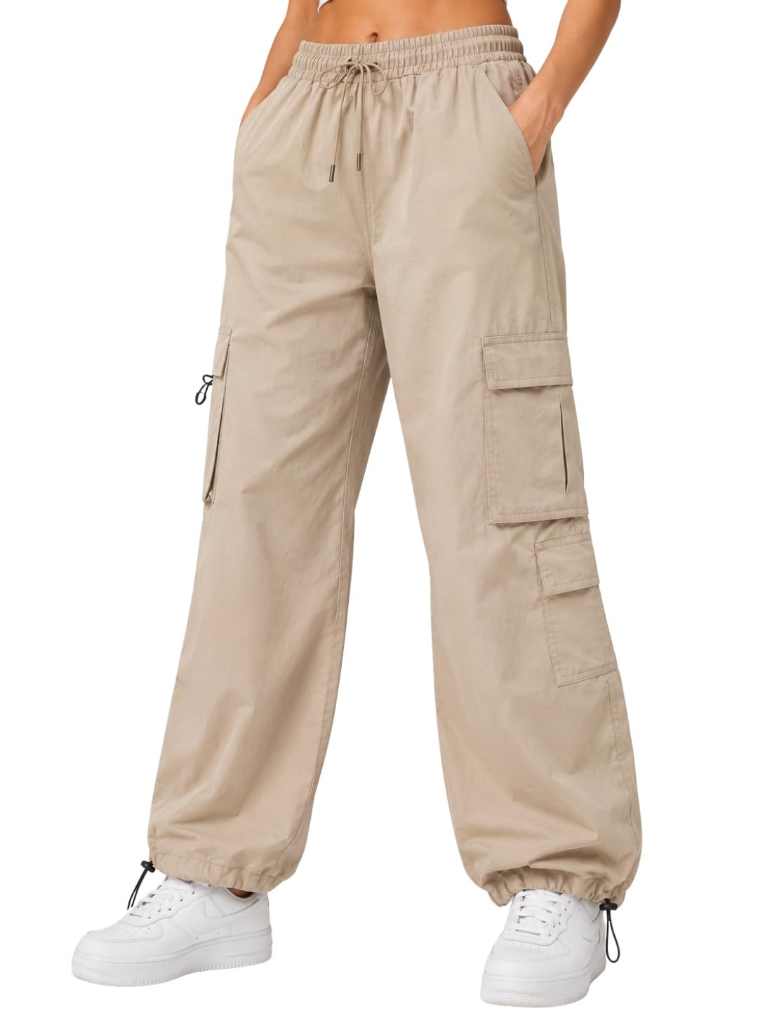 Women's Beige Parachute Cargo Jogger Pants with Elastic Waist, Drawstring, Multi Utility Pockets-picture-53