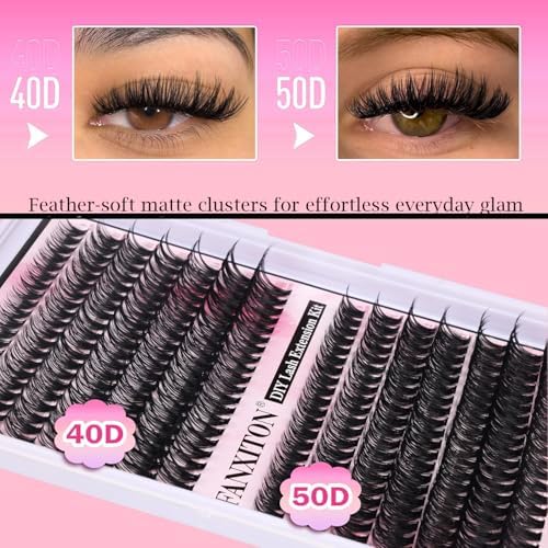 FANXITON DIY Individual Eyelash Extension Kit, Thick Volume Lash Clusters 40D+50D D Curvature, 280 Pieces Thin Band Cluster Lashes with Bond and Seal Tweezers - 2