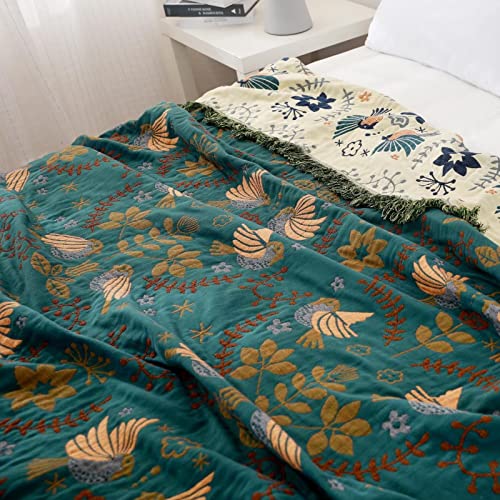 Boho Throw Blanket For Bed - 100% Cotton Ultra Soft Rustic Quilt - Bird Floral Printed Farmhouse Decor Bed Blankets,90"×98" All Season Rustic Throw For Sofa Couch Chair #TOP2