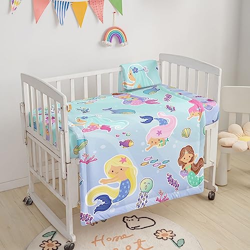 Image of 3pcs Nursery Crib Bedding Set with Comforter, Sheet & Skirt, Watercolor Mermaid Marine Life Printed for Baby Boys and Girls
