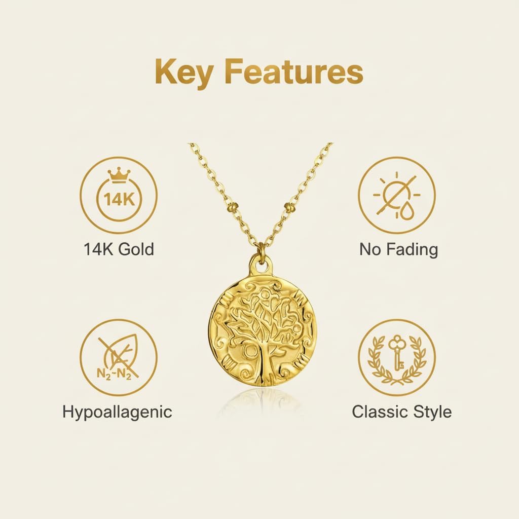 Tree of Life Necklace for women, 14K Gold Plated Classic round Non Tarnish coin pendant Necklace, Family Tree Necklace Valentines Birthday anniversaries Mother's Day Jewelry Gifts for Women - Image 5