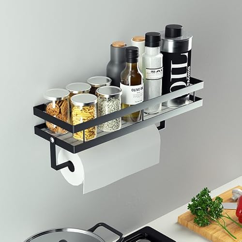 Trlyane Gewürzregal Wand, Küchenregal Ohne Bohren, Wandregal Küche Mit 4 Haken und Küchenrollenhalter für Küche, Bad, Kommode, Gewürzregal und Mehr