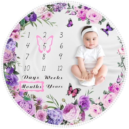 Image of Chumia 3 Pcs Monthly Baby Milestone Blanket Set Purple Baby Age Month Blanket Newborn Growth Chart with Frame for Background