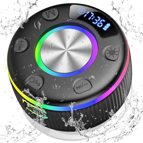 Enceinte Bluetooth Douche, Enceinte Bluetooth Portable 5.3 sans Fil avec Mic, Ventouse Puissante, Lumière LED, Surround à 360 degrés, Appel, Haut-Parleur Bluetooth pour Soirées Plage, Voyage, Douche
