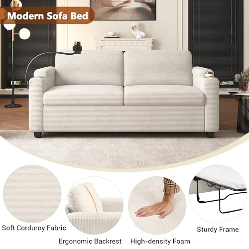 Image of ERYE 72-Inch 2 Seat Sofa Couches W /Foldable Full Size Memory Mattress Sleeper Bed, Functional Convertible Loveseat Sofa Striped Corduroy Upholstered Couch for Home Apartment