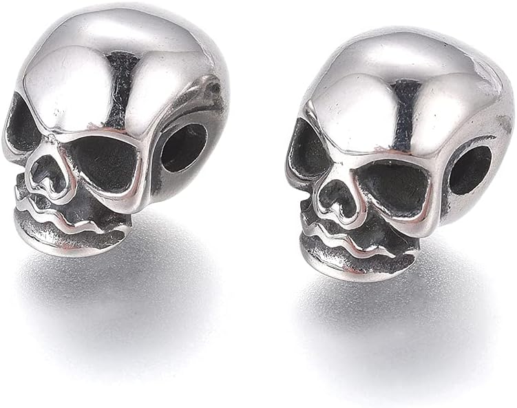 Cheriswelry 10pcs Skull Head Antique Silver 304 Stainless Steel European Beads Smooth Skeletons Skull Metal Loose Spacer Beads Charms 14x9mm for DIY Bracelet Necklace Jewelry Making