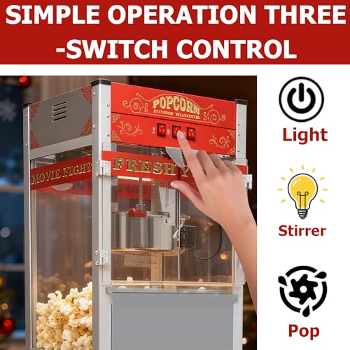 Image of 28 OZ Commercial Popcorn Machine with Cart - Stainless Steel Kettle Popper with Wheels, Warming Deck & Tempered Glass, for Business, School, Corporate, Theater, Home Use, Red