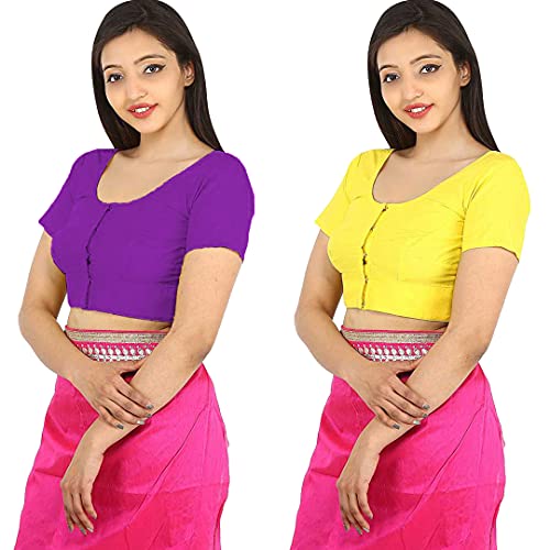 Image of Namita Women's Rubia Cotton Half Sleeve Readymade Blouse (U-COT-COM-2-DARKPURPLE-YELLOW-34 Dark Purple, Yellow 34)