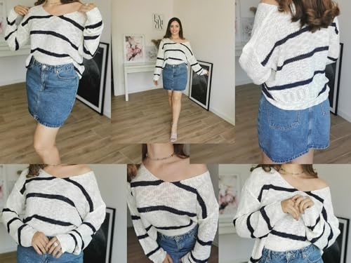 Sumtory Womens Lightweight Sweater Fall Striped Off Shoulder Sweaters Knit Pullover Tops4