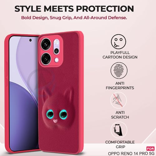 Image of AESTMO Back Case Cover for Oppo Reno 14 Pro 5G Back Cover | 3D Cat Cover | Leather Finish | Full Body Protection | Camera Protection Back Cover for Oppo Reno 14 Pro 5G (Pink)