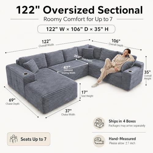 Image of 122 inch Oversized Cloud Sectional Couch for Living Room, 7 Seater U Shaped Sofa Modular Boneless Couch with Chaise | Deep Seater | Cup Holder | Side Pocket | No Assembly | Plus Corduroy, Light Gray