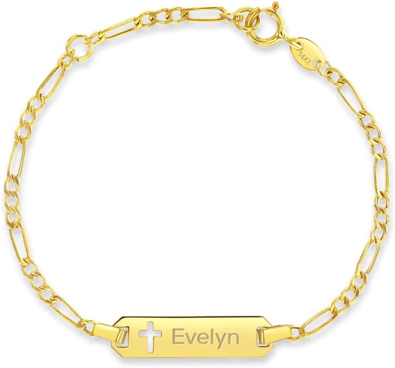 14k Yellow Gold Cross Cut Out Engravable Identification Bracelet For Girls and Boys - Children's Baptism Jewelry Present - Personalized ID Bracelet For Kids