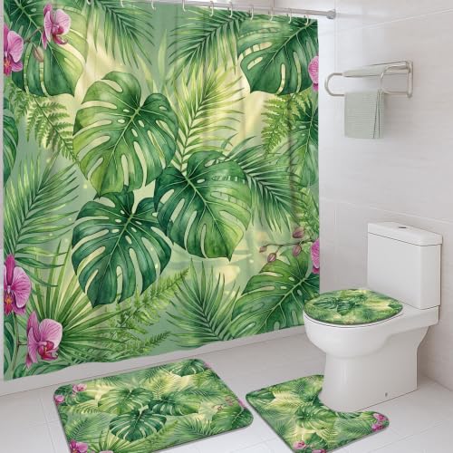 Rideau de douche Monstera polyester imperméable et tapis anti-éclaboussures 183 cm