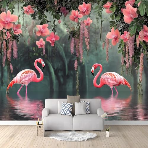 Vliestapete Psychedelischer Flamingo, Rosa Tropische Blumen Wandtapete 200...